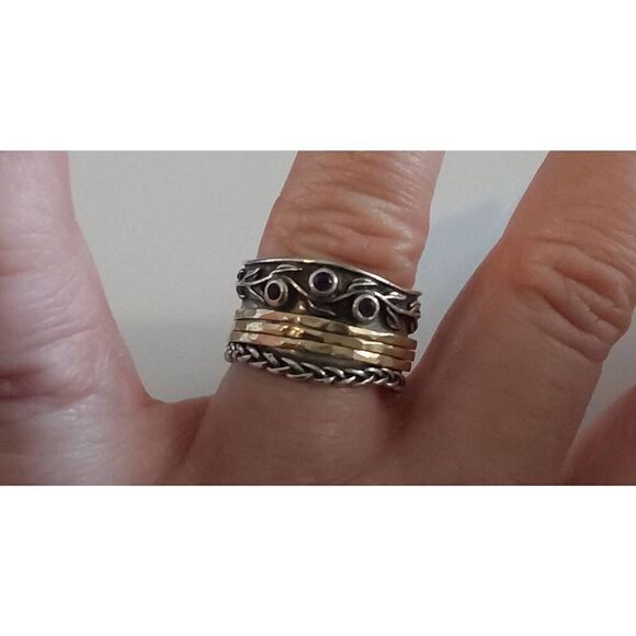 Paz Creations Handcrafted Two Tone Amethyst Gemstone Spinner Band Ring Sz 9 - Picture 3 of 4